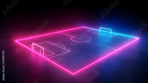 3d render, neon soccer field scheme, football playground, virtual sportive game, pink blue glowing line. Isolated on black background. photo