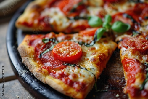 Pizza on a Plate, Garnished with Fresh Basil and Ripe Tomatoes