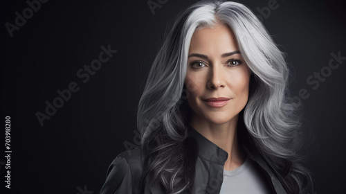 Middle-aged woman with beautiful gray hair with long hair, copy space available hyper realistic 