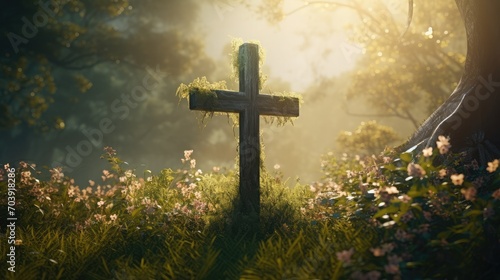 Christian cross on hill outdoors at sunset. Crucifixion Of Jesus