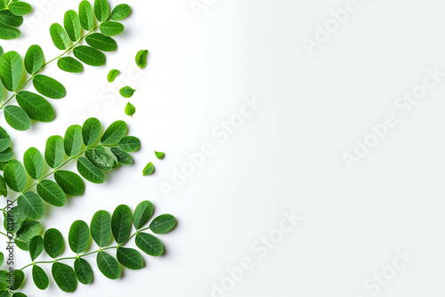 Fresh moringa leaves on green background