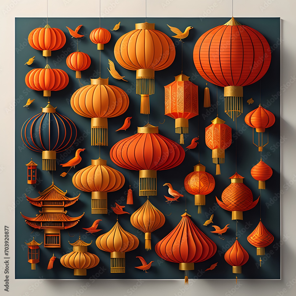 Fototapeta premium chinese lanterns in chinese temple, chinese lanterns in chinese style, chinese lanterns on the wall or chinese decorations, lunar decorations lantern lights or chinese new year decoration 