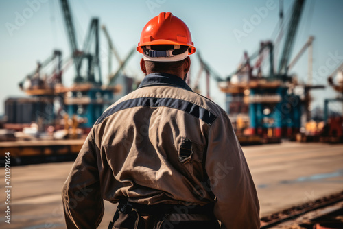 Rear view of a dock worker with red hardhat at industrial port.