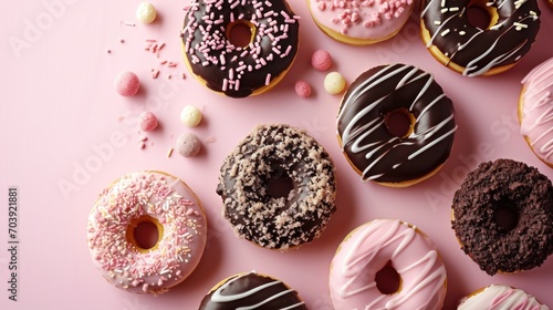 Sweet Ode to Indulgence, A Vibrant Array of Doughnuts Resting on a Blush Pink Canvas