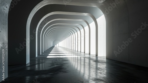 Sunlit modern corridor with repetitive arches and shadows