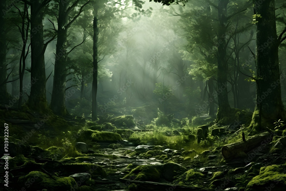 Fototapeta premium Dark and humid forest landscape with many large trees in fog