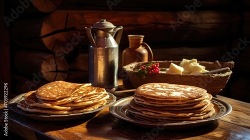 Pancakes on a wooden table on the background in a Russian hut © brillianata