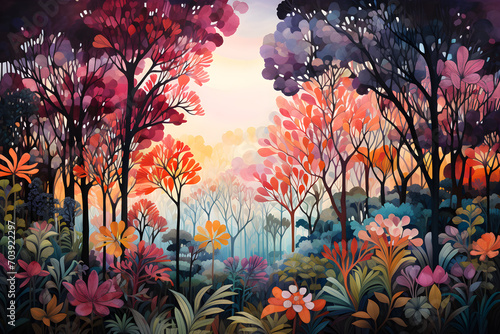A beautiful landscape illustration of a sunset at the water's edge in a jungle forest with red and colorful flowers in bloom. photo