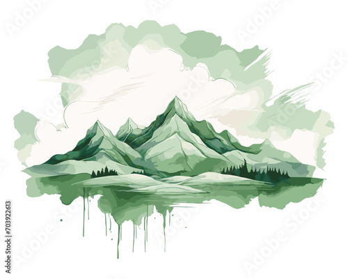 Mountain background vector. Minimal landscape art with watercolor brush and green art texture