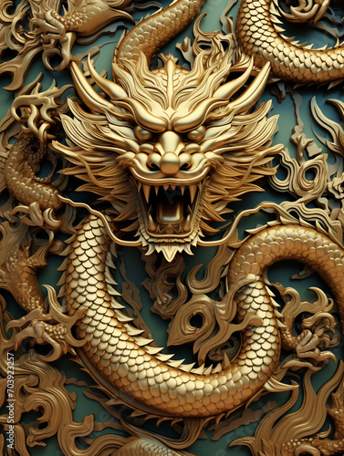 3D sculpture image of a Chinese dragon on the wall. Dragon is one of the Chinese zodiac. © Aisyaqilumar