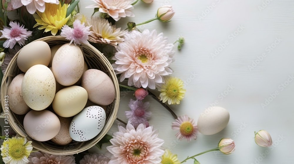 easter still life with eggs and flowers, easter background, easter holiday 