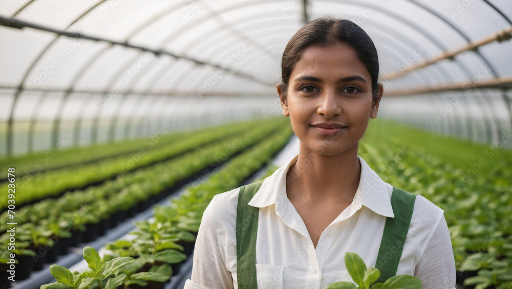 Smiling young indian female looking at camera while standing with vest in modern white greenhouse with organic hydroponic farm and green plants, holding plants - obrazy, fototapety, plakaty 