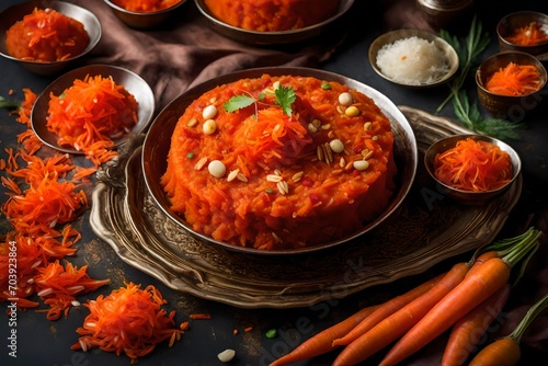 A sumptuous serving of Gajar Halwa, a traditional Eid dessert, featuring rich carrot pudding made with milk, fresh carrots, and sugar.  photo