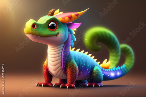 Beautiful illustration with a cute little rainbow dragon. © leonikonst