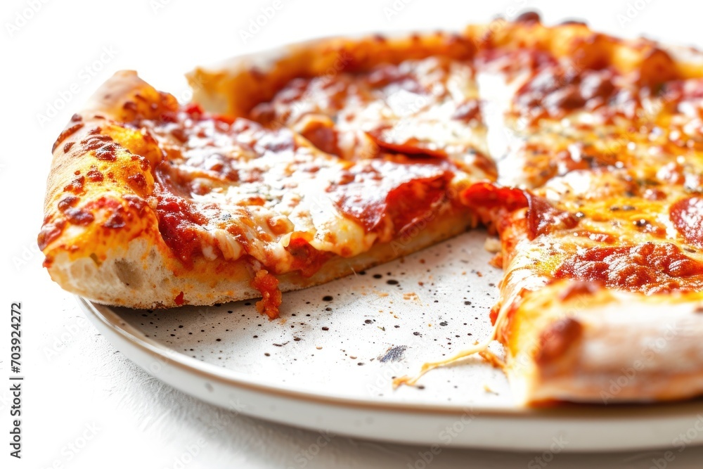 Cheesy Pizza Slice on a White Plate, A Close-Up Cheesy Pizza Slice on a White Plate, A Close-Up