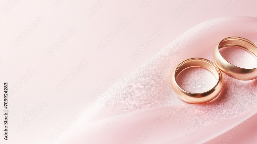 Pink pastel background with copy space and wedding golden rings Pink pastel background with copy space and wedding golden rings