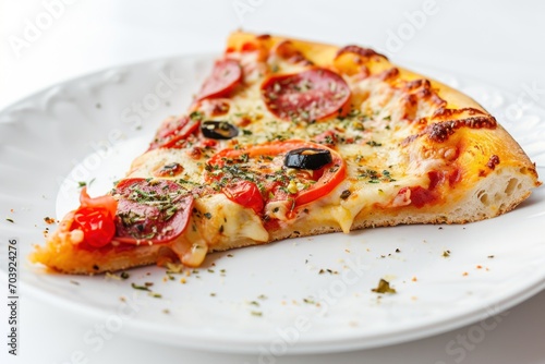 Cheesy Pizza Slice on a White Plate