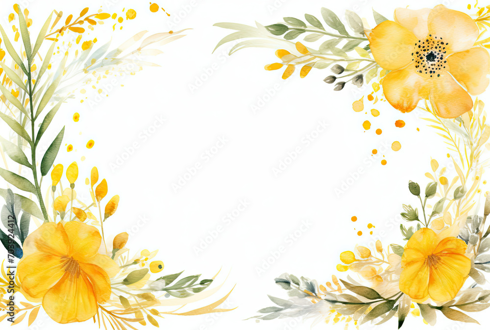 Watercolor Painting of Yellow Flowers and Leaves