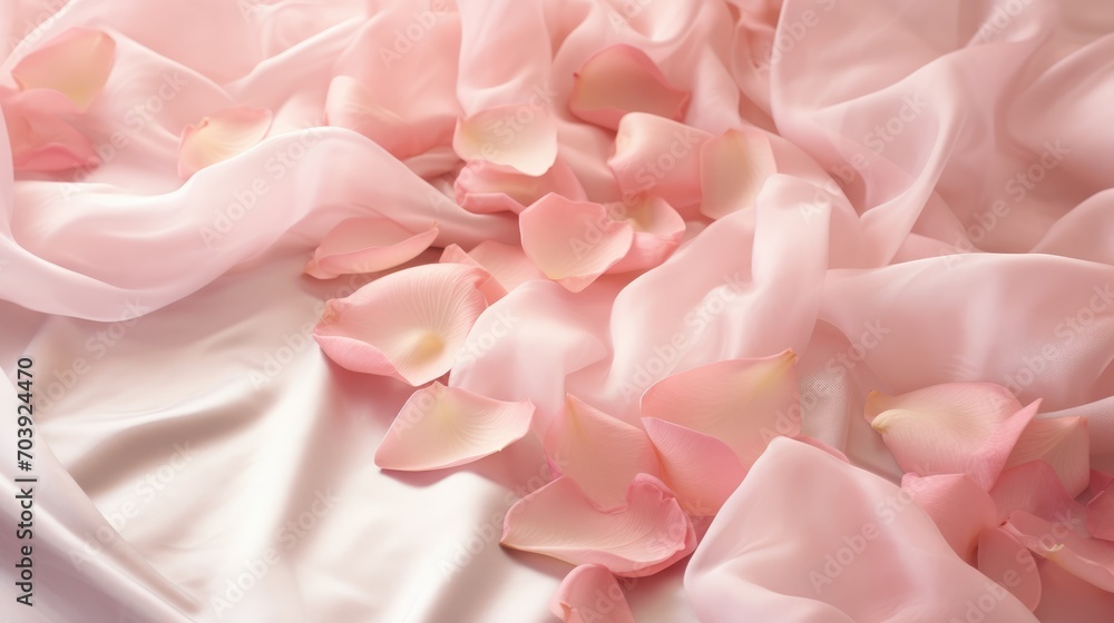 Pink rose petals scattered over silk satin bed sheets. Romantic visual.