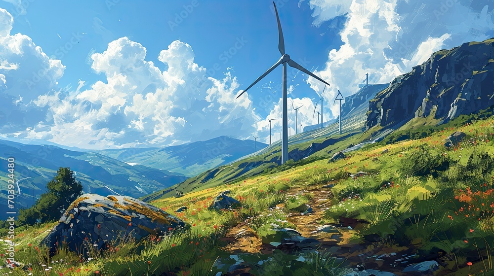 Wind Turbine On Grassy Field Against, Background Banner HD