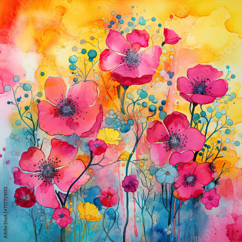 Painting of Pink Flowers on Blue and Yellow Background