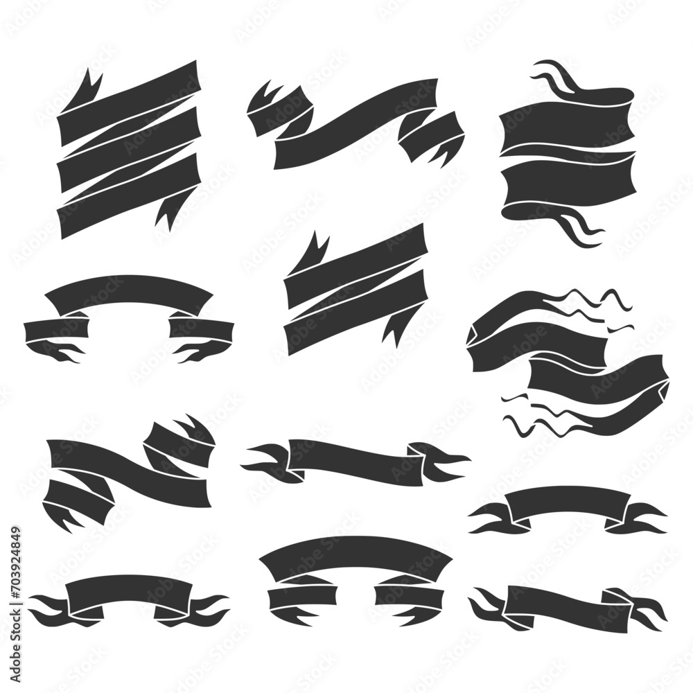 Set of ribbons banners line art black and white