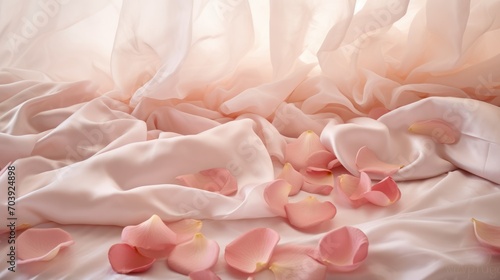 Pink rose petals scattered over silk satin bed sheets. Romantic visual. © brillianata