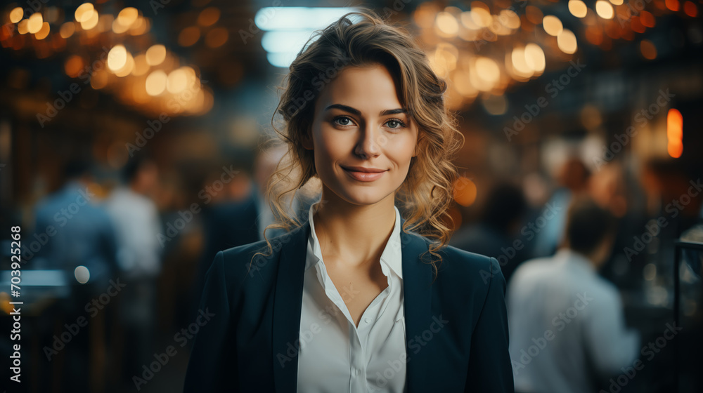 Young businesswoman with curly hair, wearing a blue blazer over a white blouse, looks confidently into the camera. portrait of a woman Young businesswoman with curly hair, wearing a blue blazer over a white blouse, looks confidently into the camera. portrait of a woman