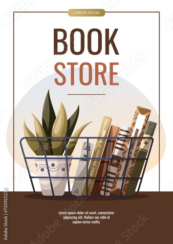 Flyer design with basket of books and potted plant. Bookstore, bookshop, book lover, reading, interior concept. Vector illustration for banner, promo, poster.