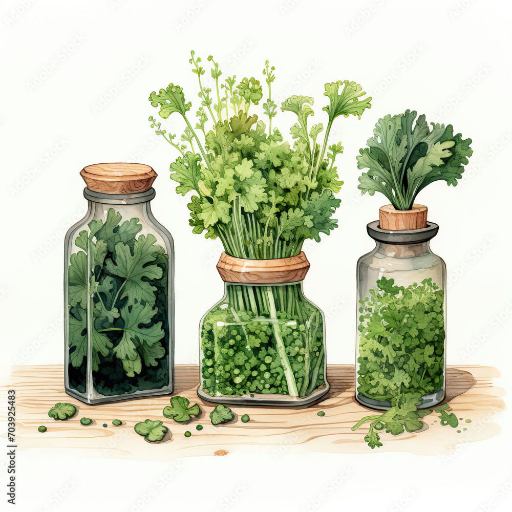 Three Glass Jars Filled With Various Herbs for Culinary Use Three Glass Jars Filled With Various Herbs for Culinary Use
