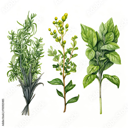 Three Different Types of Herbs on a White Background