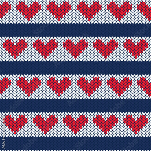 Heart shape and nautical strips knitted seamless pattern. Retro background. Vector illustration