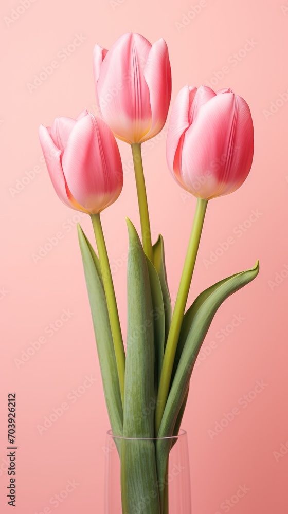 Fototapeta premium Pink tulips on the pink background. Valentines background. Vertical