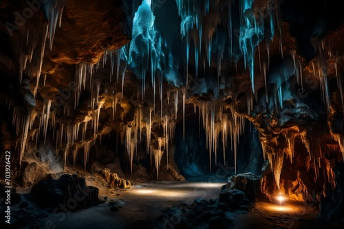 An underground cave system with stalactites and stalagmites made of glittering minerals, creating a surreal and otherworldly atmosphere.