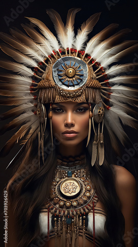 A woman dressed as an indigenous people of America - Indians. The woman has feathers on her head.