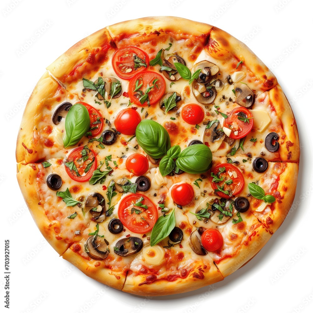 Overhead view of a delicious pizza with various toppings Overhead view of a delicious pizza with various toppings