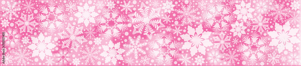 Panoramic elegant snowflake background in soft pink pastel colors. Snowflake wallpaper. Winter wonderland. Blizzard background. Soft pink wintry banner for social media or website.