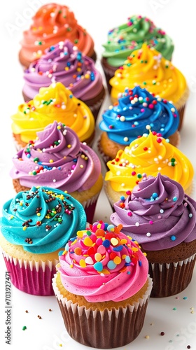 Brightly colored cupcakes aligned on a white background.
