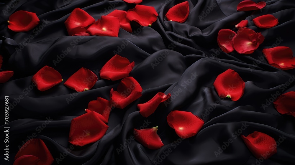 Rose rose petals scattered over black silk satin bed sheets. Romantic visual.