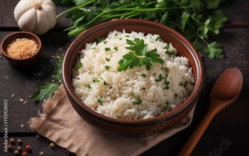 rice in wooden bowl,created with Generative AI tecnology.