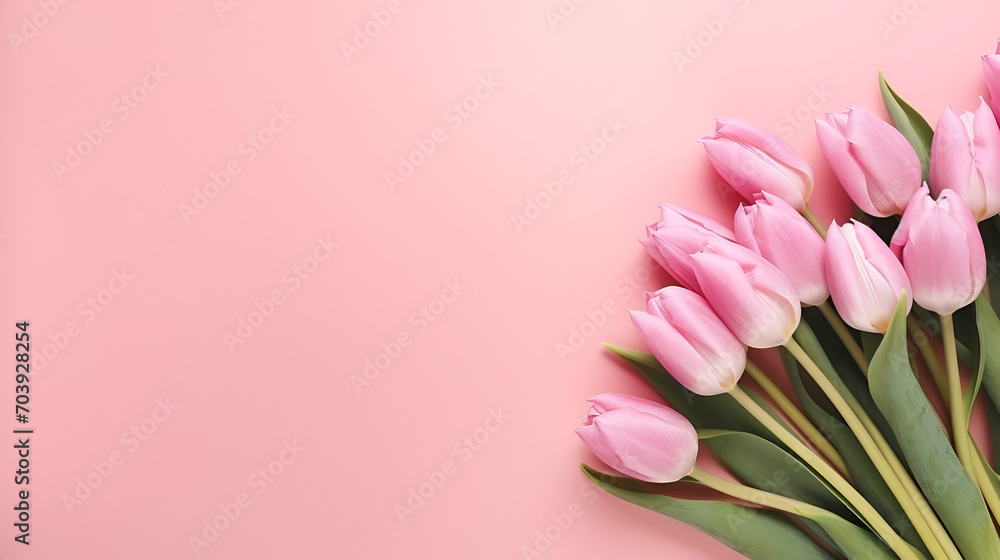 A bunch of pink and purple tulips on a pink background, generative ai