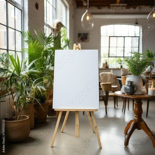 Mockup of a white canvas on an easel as a welcome sign at a wedding. photo