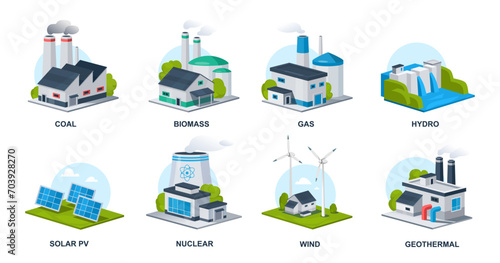 Alternative energy sources vector illustration. Flat style energy generation source types coal, biomass, gas, waste, nuclear, wind, hydro, solar, geothermal stations. Renewable energy icon set. photo