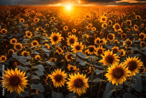 A field of wild sunflowers at sunrise, their golden faces turning towards the sun, capturing the essence of a new day.