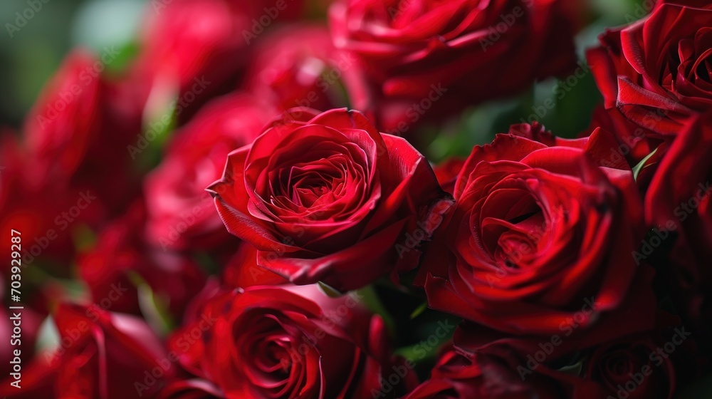 Obraz premium Crimson Symphony, A Captivating Bouquet of Ruby Roses Adorning an Enchanting Tabletop