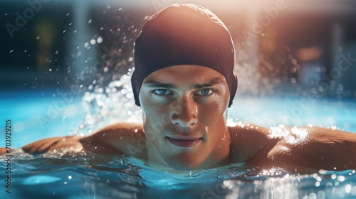 A swimmer in a cap and goggles is training in the pool © brillianata