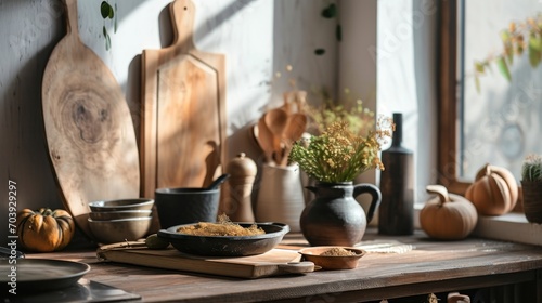 Harmonious Commotion  A Captivating Array of Culinary Utensils Adorns a Rustic Table