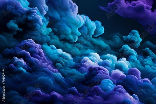 Enchanting close-up of electric blue and teal clouds against a canvas of deep, midnight purple, creating a surreal and mesmerizing atmosphere.