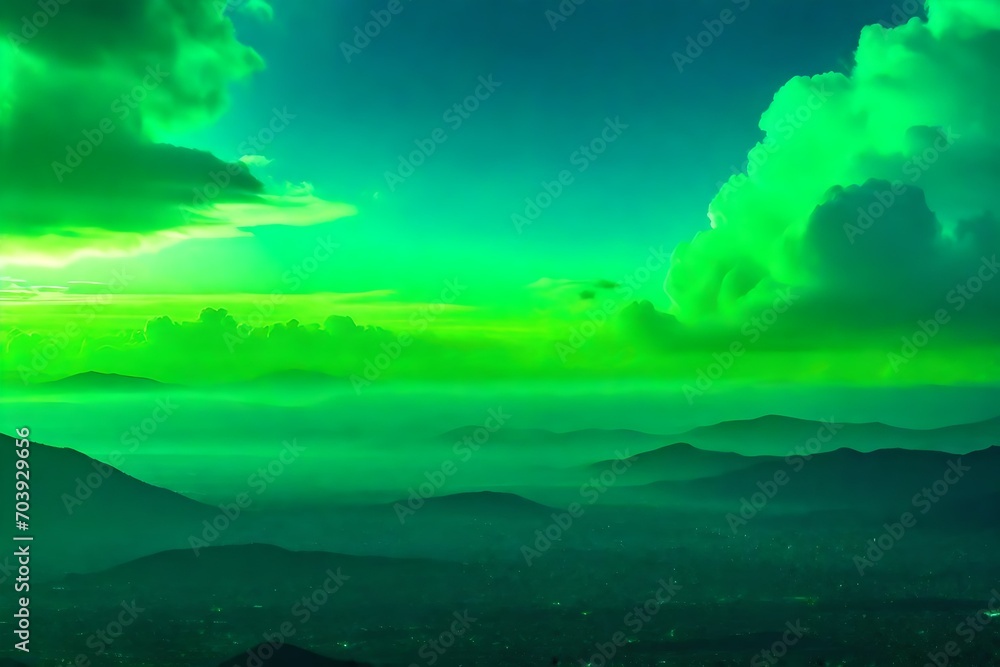 Dreamlike close-up of neon-bright clouds in electric shades of green and blue, reminiscent of a fantastical alien world.
