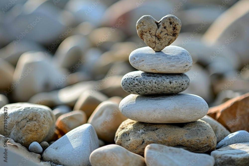 A cairn with a heart-shaped stone on top. Background with selective focus and copy space A cairn with a heart-shaped stone on top. Background with selective focus and copy space